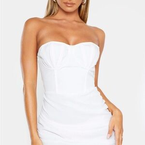 White Ruched Strapless Bodycon Dress